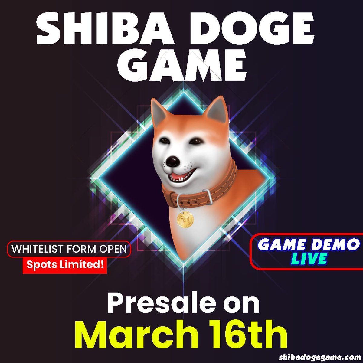 Presale on Pinksale 16th March
Sofcap 75 BNB | Hardcap 150 BNB

Whitelist Form is Open! 
Fill the form to get a chance to enter the WL presale👇
forms.gle/rBWMYgZq2cYaFN…

👾 Game Demo Live: demo.shibadogegame.com