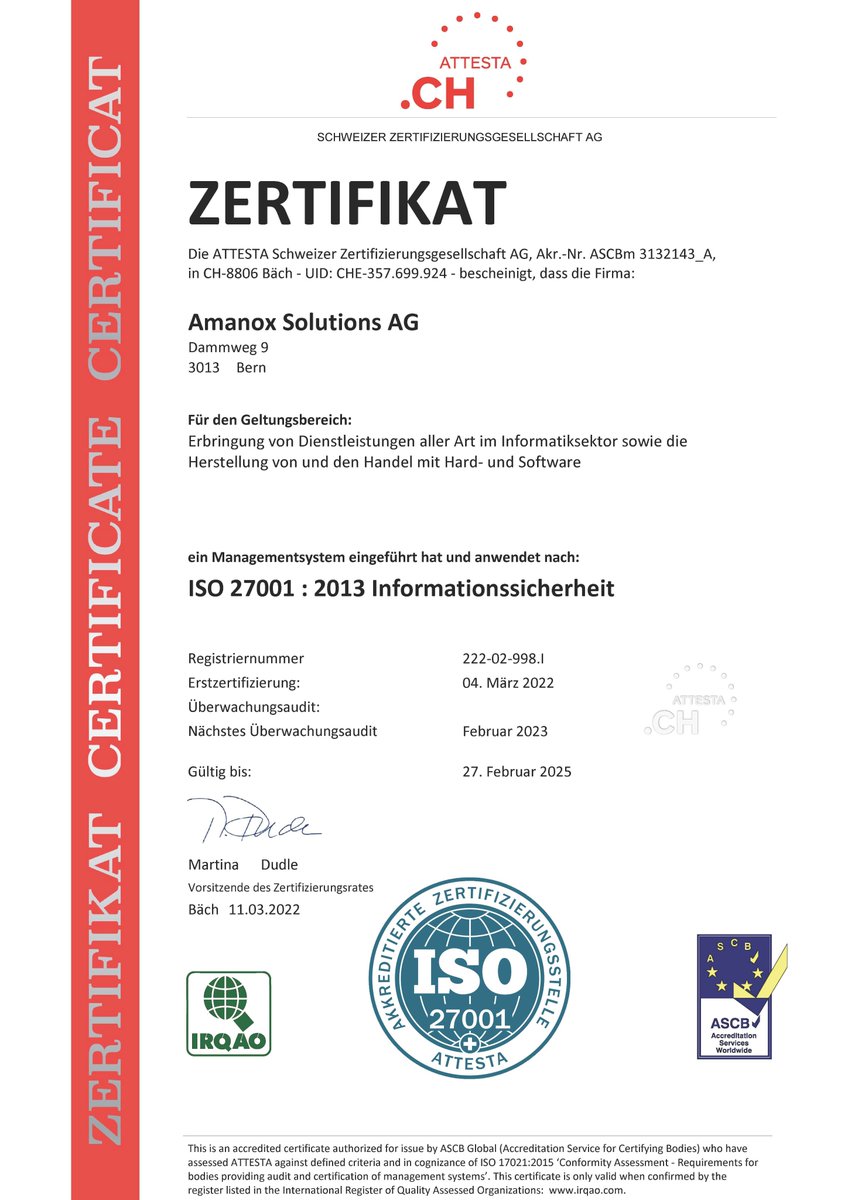 amanoxsolutions's tweet photo. Wir sind stolz, unser Management System für Informationssicherheit nach ISO 27001:2013 zertifiziert zu haben.

Unsere Kunden können darauf vertrauen, dass wir die Datenschutzauflagen erfüllen.

#iso #zertifizierung #informationssicherheit https://t.co/sWwfdgpocT