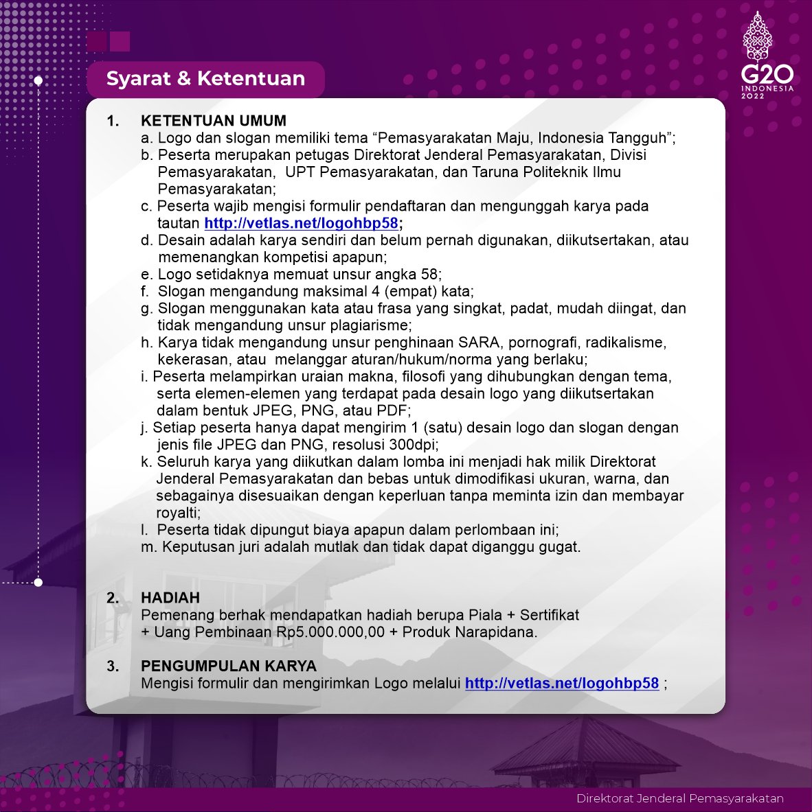 DITJEN_PAS's tweet photo. Lomba terbuka bagi seluruh petugas Pemasyarakatan dan Taruna Politeknik Ilmu Pemasyarakatan. Penasaran? Simak kriteria dan informasi selengkapnya berikut ini ya 😉

#HBP58
#KumhamPASTI
#Ditjenpas
#Pemasyarakatan https://t.co/gGLCXTXCPJ