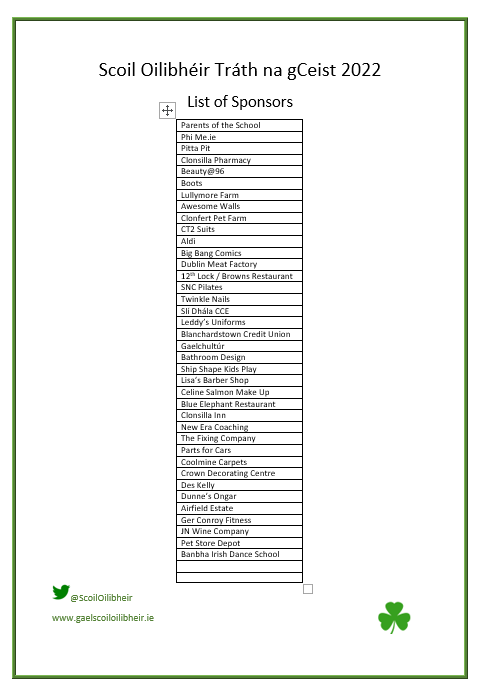 Míle buíochas leis na hurraitheoirí seo a thacaigh le Tráth na gCeist na scoile aréir. Tugaimis tacaíocht dóibh más féidir!

👍🙏👍🙏👍🙏👍🙏👍🙏👍🙏

Many thanks to these sponsors who supported the school table quiz last night. Let's support them if we can

#NíNeartGoCurLeChéile