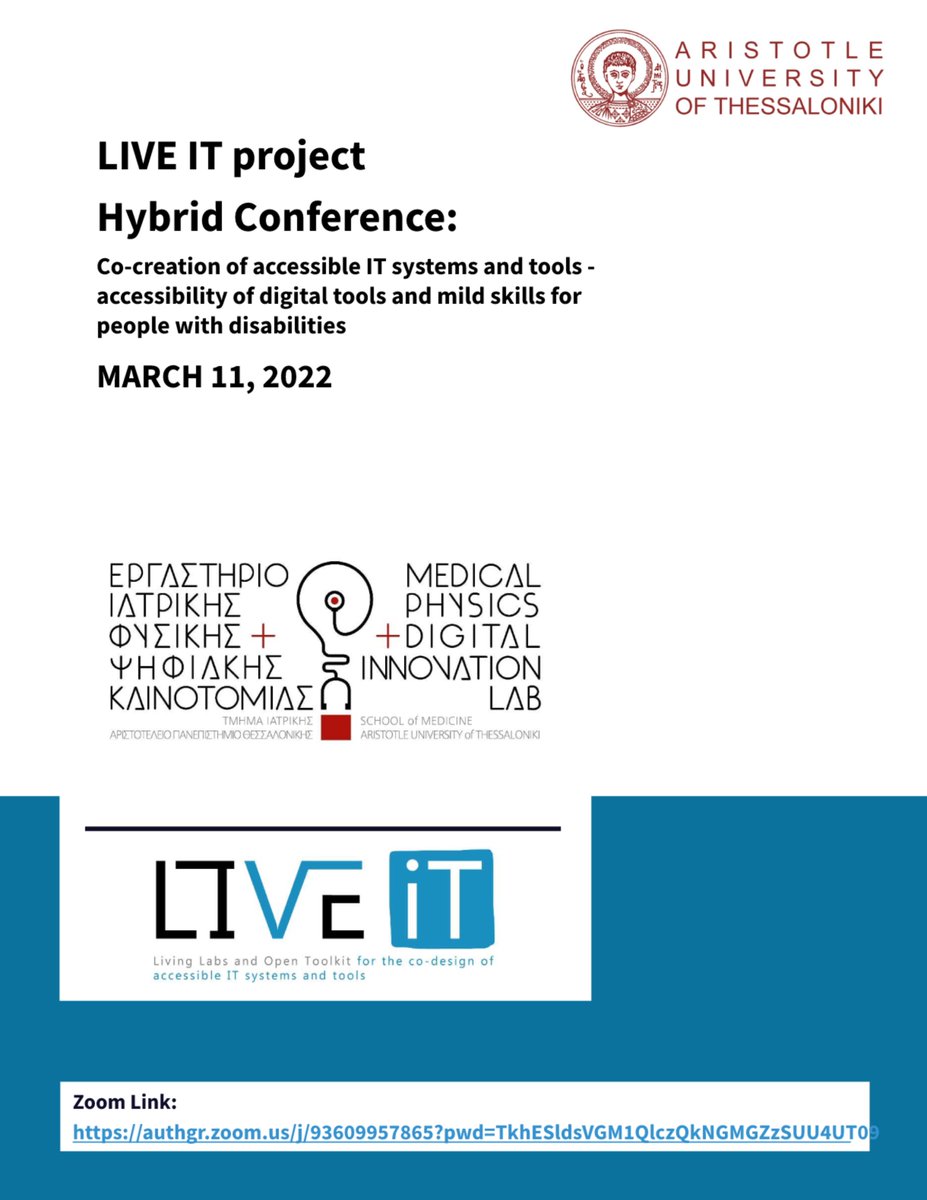 LiveIT_proj's tweet photo. @LiveIT_proj coordinator @Auth_University (lab of @iMedPhysAUTH) participates in the 11th Scientific Conference of @AuthMedicine with a #workshop on #accessibility of #digital &amp; #mild skills for people with cognitive disabilities.
Check the agenda &amp; #Join (link in the comments). https://t.co/3OpUB0NgVI