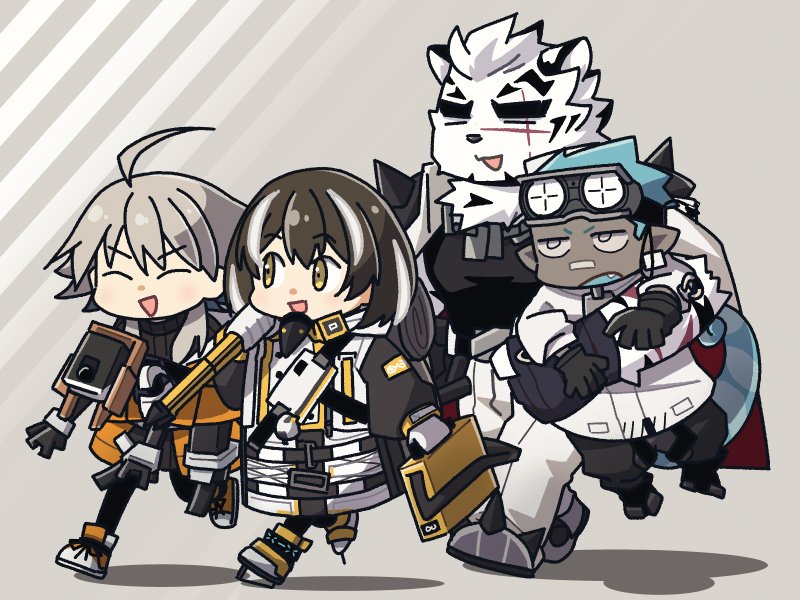 magallan (arknights) multiple boys furry streaked hair white hair tiger boy 3boys gloves  illustration images