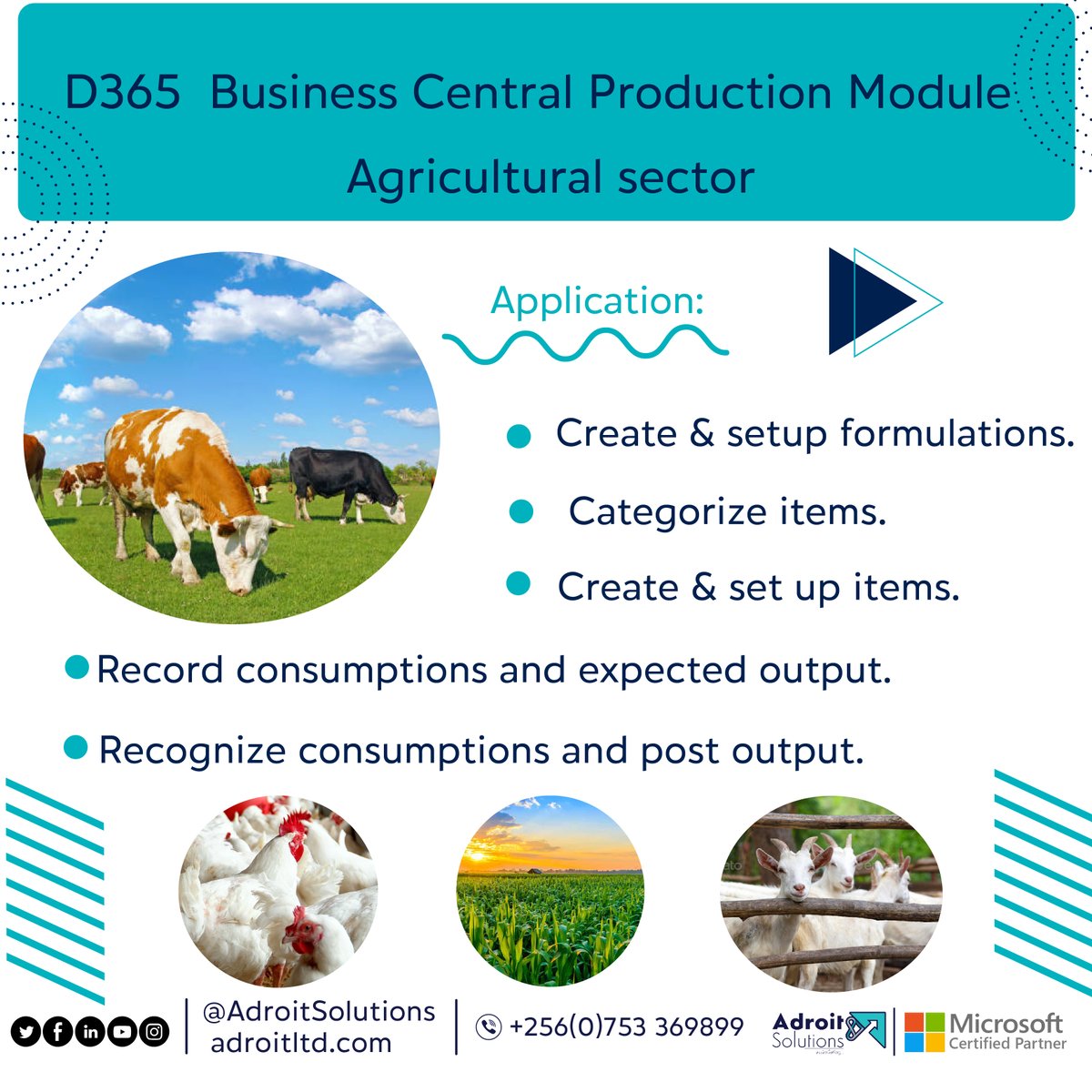 With Business Central Production Module, an agricultural farmer is able to keep track of all the operations taking place at their farm with ease.
Choose the best ERP system, Choose Business Central!

#Mdyn365bc #Production #Solutions
