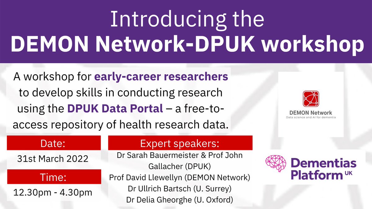 Looking forward to working with the @DEMONNetworkUK to host this workshop about conducting research on the @DementiasUK Data Portal. https://t.co/61NimRtKk1