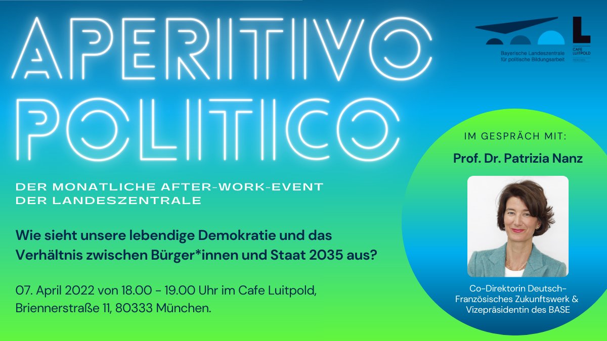 Unsere Afterwork-Reihe „Aperitivo Politico“ startet wieder: Wir stellen uns gemeinsam mit Prof. Dr. Nanz <a href="/BASE_bund/">Bundesamt f.d. Sicherheit der nuklearen Entsorgung</a> @pour_forum der Frage „Wie sieht unsere lebendige Demokratie und das Verhältnis zwischen Bürger*innen und Staat 2035 aus?“ Anmeldung: eveeno.com/aperitivo-poli…