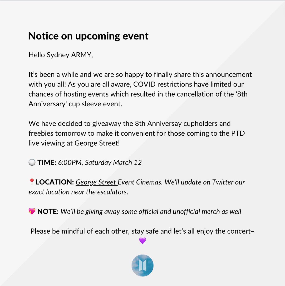 bts_sydney's tweet photo. Please read below 💜 https://t.co/hJZt0RRCGt