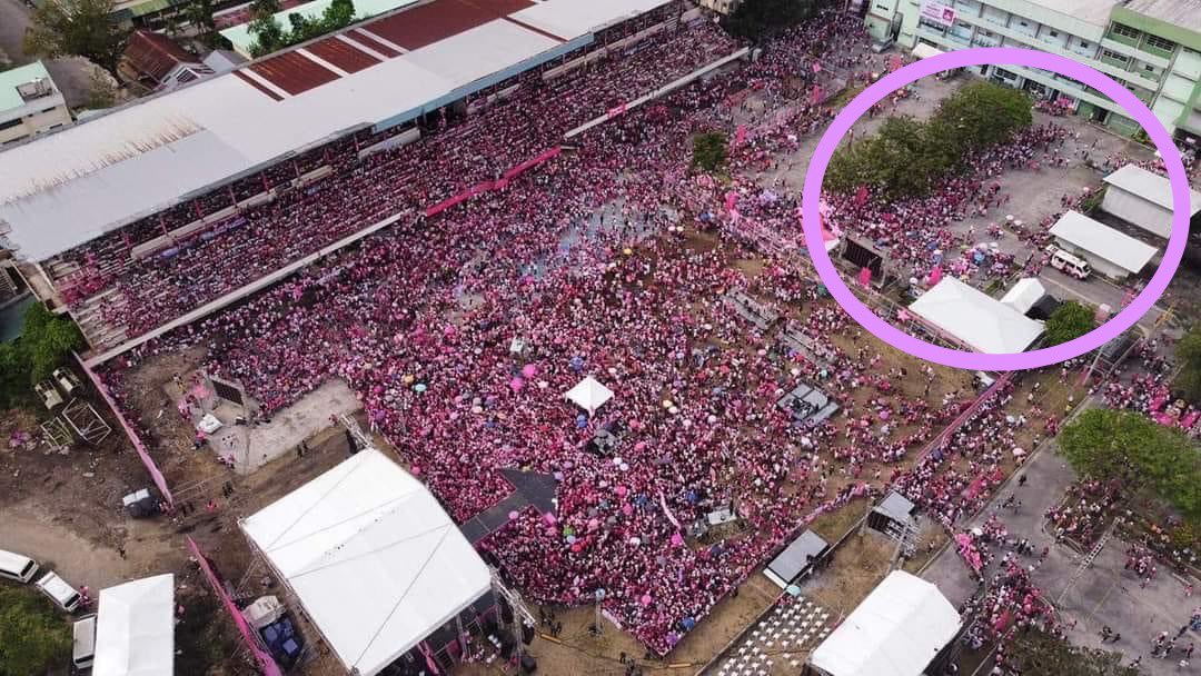 GerryCacanindin's tweet photo. Paglaum Sports Complex ATM. Rally starts in 3 hours. In case you’re wondering, encircled area is reserved for PWDs and Seniors. They have their own screen set up at their area. https://t.co/vv8NB3b18V