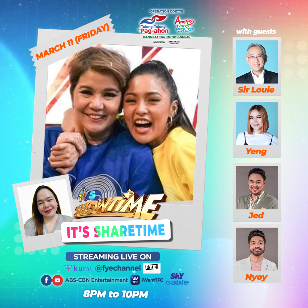 I-share na ang good vibes this Friday kasama sina Amy & Kim with TNT Hurados sa It's Showtime! It's Sharetime! 

#SharetimePangmalakasan
#TulongKapamilya
#AnditoTayoParaSaIsatIsa

DSWD Authority/Solicitation Permit No. DSWD-SB-SP-00026-21, Nationwide. Valid until May 28, 2022.