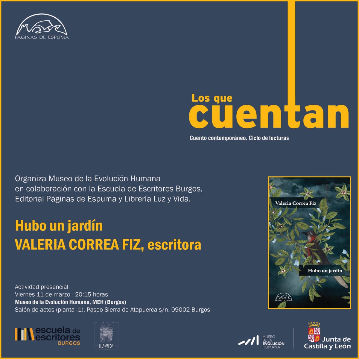 paginasdeespuma's tweet photo. Hoy @ValeCorreaFiz viaja hasta Burgos para encontrarse con los lectores de la Escuela de Escritores y el @museoevolucion,  en el ciclo "Los que cuentan". Y Diario de Burgos no ha querido perder la ocasión de hablar con ella sobre Hubo un jardín: 
https://t.co/uO2KzBICtT https://t.co/r1fDq8xQUS