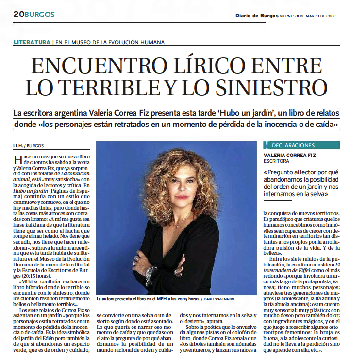 paginasdeespuma's tweet photo. Hoy @ValeCorreaFiz viaja hasta Burgos para encontrarse con los lectores de la Escuela de Escritores y el @museoevolucion,  en el ciclo "Los que cuentan". Y Diario de Burgos no ha querido perder la ocasión de hablar con ella sobre Hubo un jardín: 
https://t.co/uO2KzBICtT https://t.co/r1fDq8xQUS