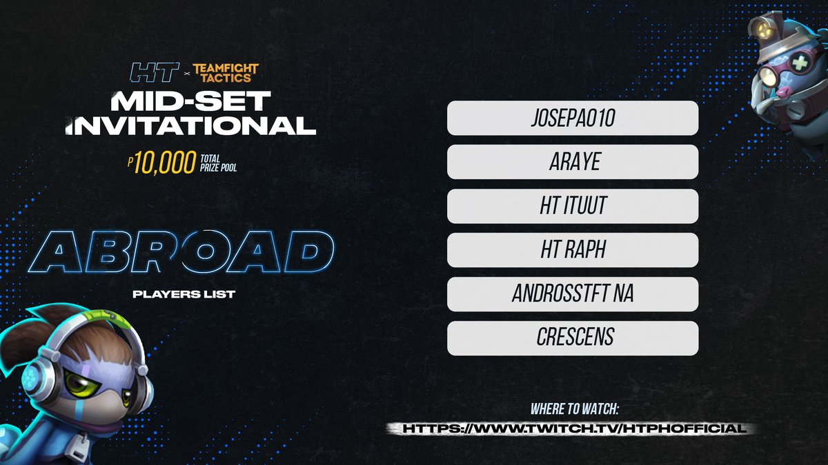 HTEsportsPH's tweet photo. HERE. WE. GO.
The dust has settled, our competitors are ready for battle. We would like to proudly announce the 32 players invited to compete in the very first HT Mid-Set Invitational! Games will be streamed on our Twitch https://t.co/UPgbvyFi0D on March, 11, 12 and 19.
#HTFTW https://t.co/hwFUMfZe8R
