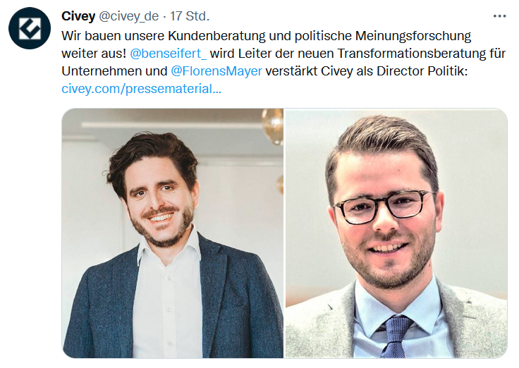 civey_watch's tweet photo. Leider ist Civey sehr gut im Kontakteknüpfen.

Mit solchen Lobbyisten (früher beim @bmj_bund und @cdu) kauft Civey gleichzeitig Kontakte und vor allem Aufträge aus der Politik, wo es wenig Statistische Grundkenntnisse gibt. Man denke nur an @marcobuschmann oder @c_lindner. https://t.co/stjtpE1Z73