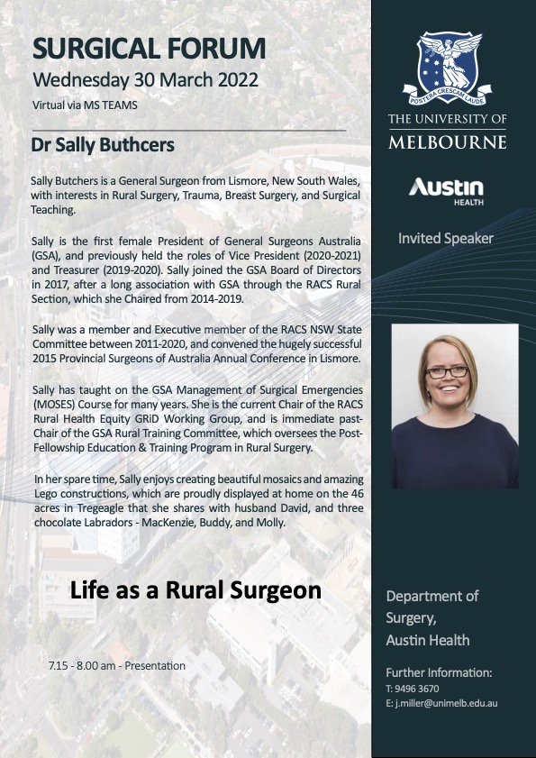 ANSASurgery's tweet photo. Surgical Forum on Wednesday 30th March 2022, commencing at 7.15am.  Our speaker is Dr Sally Butchers, General Surgeon, Lismore, New South Wales, who will be presenting a lecture on “Life as a Rural Surgeon”. #surgery #ANSA #austinnortherntraininghub #generalsurgery https://t.co/0aTunnPwyJ
