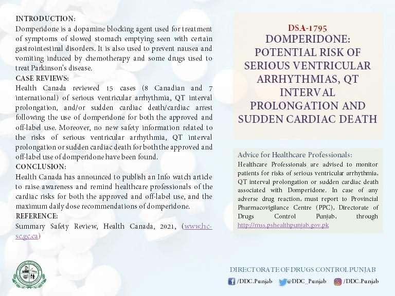 Drug Safety Alert:
DOMPERIDONE: POTENTIAL RISK OF SERIOUS VENTRICULAR ARRHYTHMIAS, QT INTERVAL PROLONGATION AND SUDDEN CARDIAC DEATH

#Domperidone #drugsafety #DrugAlert #HealthForAll #healthfirst #PSHD #DDCP #Punjab