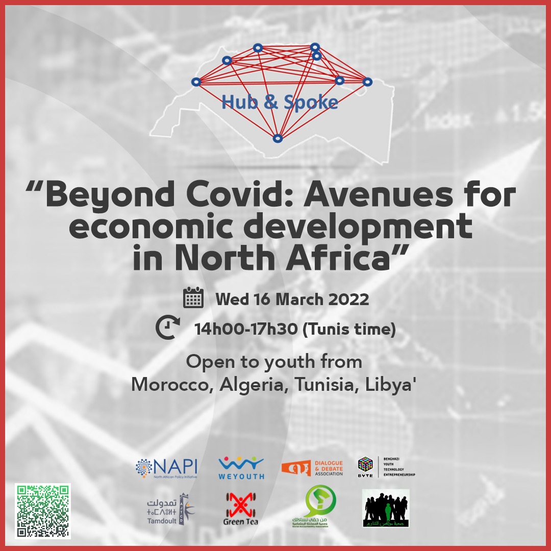 "Beyond Covid: Avenues for Economic Development in North Africa" | Wednesday, March 16 | 14h-17h30 Tunis time

A panel with experts, followed by interactive break out discussions. Open to youth from Morocco, Algeria, Tunisia, &amp; Libya.

Register here: lnkd.in/ektqZUhw