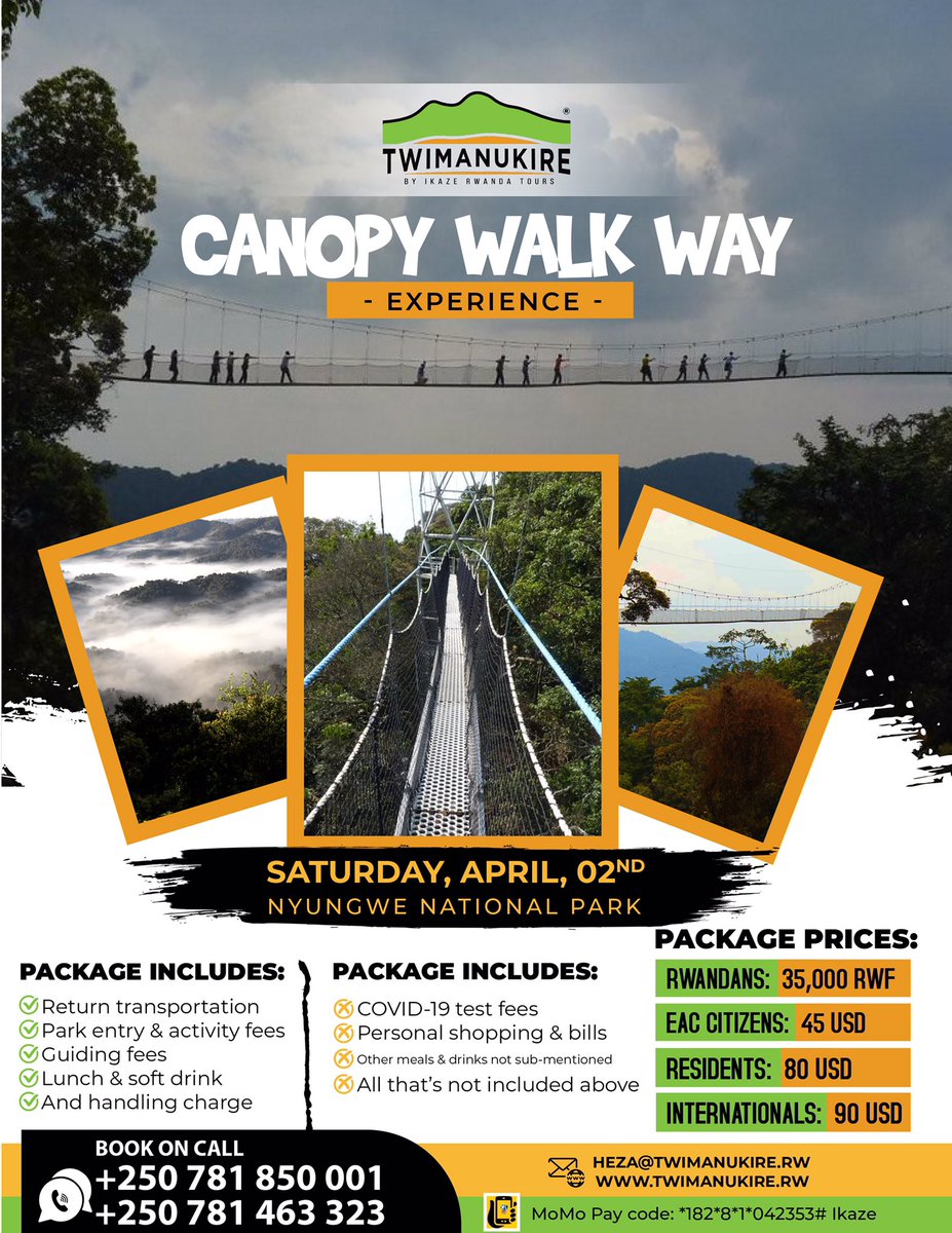The magic is ready and waiting for you at National Park and now it's a canopy walkway adventure. Slots are limited, make your reservation now for yourself, family or friends!

Call/text us.
+250 781 850 001
+250 781 463 321

#visitrwanda #travelrwanda #canopywalkway #nyungwe