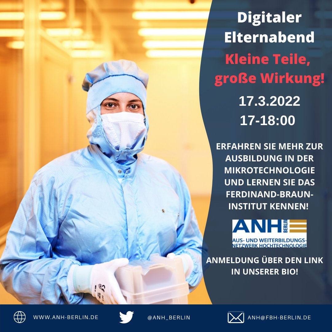 Ist Ihr Kind auf der Suche nach einer beruflichen Zukunft und begeistert sich für #Mint-Themen?
Dann nehmen Sie teil an unserem digitalen Elternabend! Am 17.3. informieren wir Sie über die #Ausbildungsmöglichkeiten in der #Mikrotechnologie. Zur Anmeldung: bit.ly/3CGvKlJ