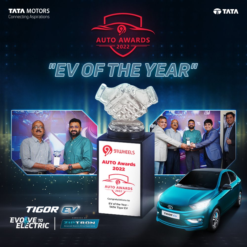 Tataev's tweet photo. We are delighted to announce that the #TigorEV powered by #Ziptron has been recognized as the "EV of the Year" by @91wheels at the Auto Awards 2022.
.
.
.
#EVOfTheYear #EvolveToElectric #TataMotors #TigorEV #Ziptron #ElectricVehicle https://t.co/64YdH9DH9h