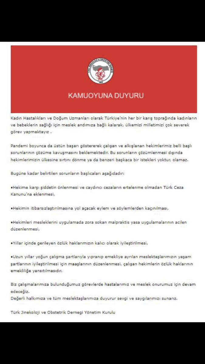 Türk Jinekoloji ve Obstetrik Derneği’mizden de beklenen açıklama geldi #hekimleriminyanındayım #hekimlertakiplesiyor