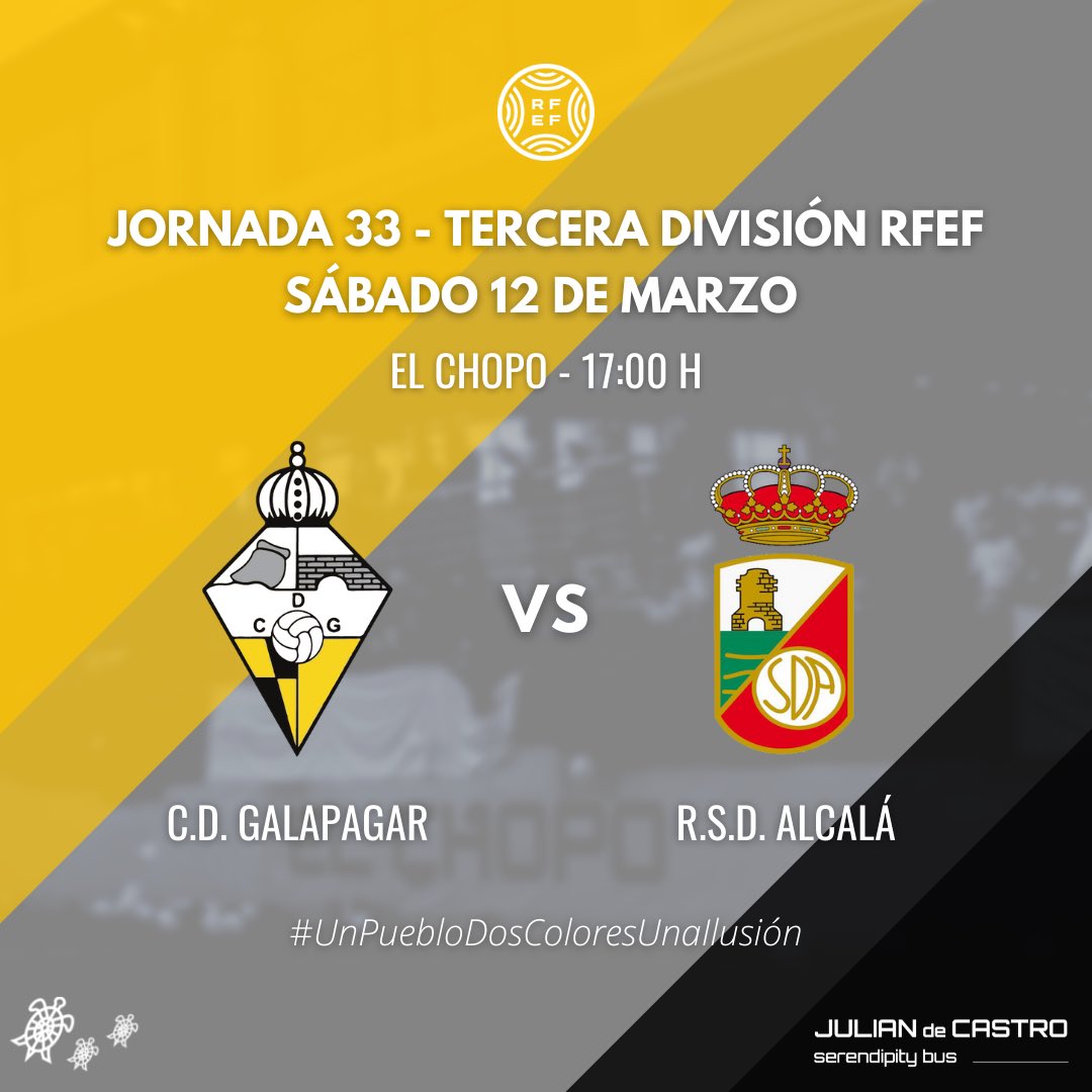 PRIMER EQUIPO | Volvemos a El Chopo. Volvemos con nuestra gente.

⚽️ Jornada 33
🆚 <a href="/rsda_oficial/">RSD ALCALA SAD</a> 
🗓 Sábado 12 de marzo
🕗 17:00
🏟 El Chopo
🎟 Precio entradas:
- Gratuita para socios del CDG
- 4€ Jubilados y menores de 25
- 8€ Entrada general

#UnPuebloDosColoresUnaIlusión💛🖤