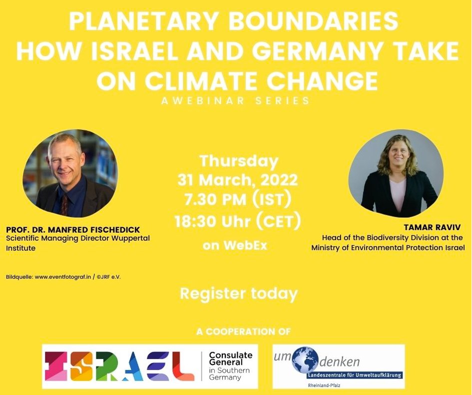 Wupperinst's tweet photo. #PlanetaryBoundaries have almost been reached. Our ecosystem and livelihoods are at risk.
Join us online on 🗓️3/31 at ⏰6.30 pm CET and explore the challenges of the #GreatTransformation from a #fossilfuel|ed system to #ClimateCompatibility in 🇮🇱 and 🇩🇪
👉 https://t.co/ZA2MoEW1ru https://t.co/SspMIFpfRk