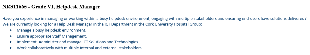 CUH_ICT (@cuhict) on Twitter photo There is currently an exciting opportunity to become part of the CUH ICT team, the position of Grade VI, Helpdesk Manager has been advertised at hse.ie/eng/staff/jobs… For Full details check out the link! or click the image here for a brief job description. #jobfairy <a href="/CUH_Cork/">Cork University Hospitals</a> There is currently an exciting opportunity to become part of the CUH ICT team, the position of Grade VI, Helpdesk Manager has been advertised at hse.ie/eng/staff/jobs… For Full details check out the link! or click the image here for a brief job description. #jobfairy <a href="/CUH_Cork/">Cork University Hospitals</a>