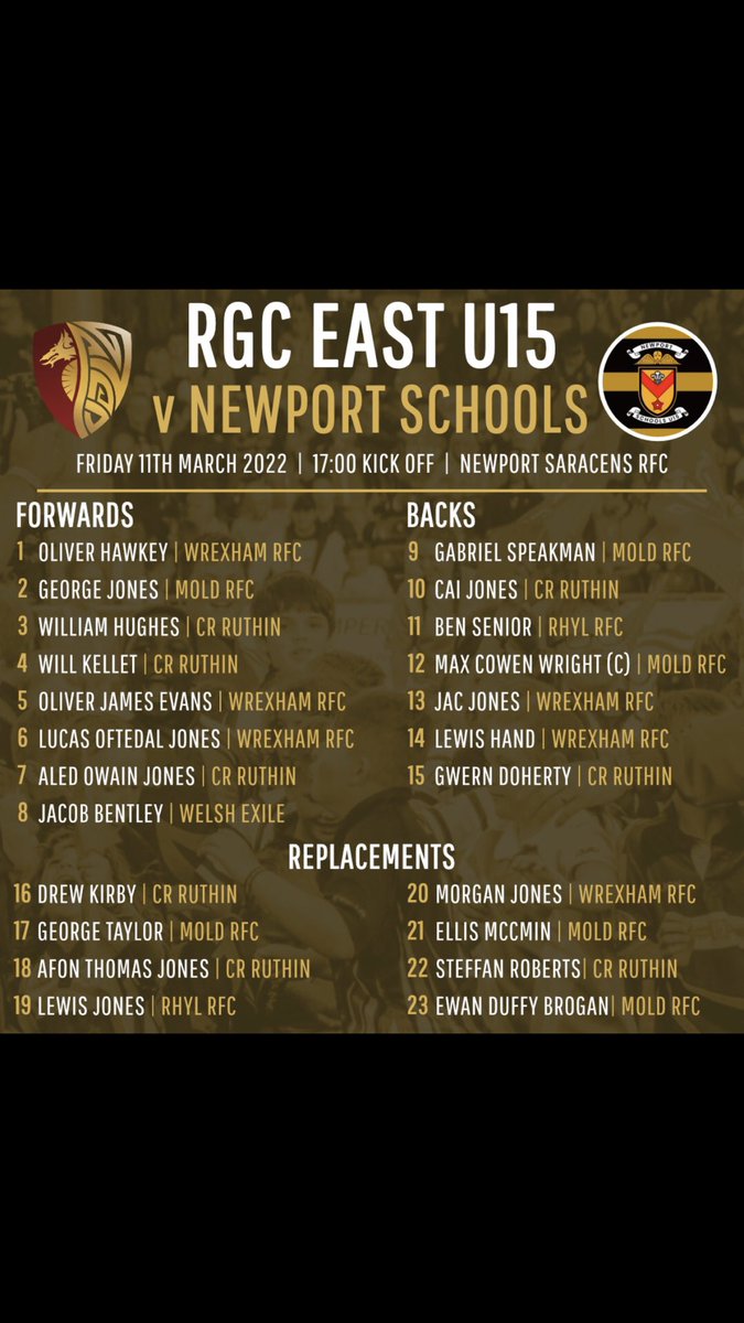 Ajonesrugby's tweet photo. 🏉🏉YOUR RGC EAST TEAM🏉🏉

RGC East will take a trip down to @NewportSarries to take on @newportschools in the second round of the Dewar Shield 🔥 

#BringYourVoice #RGC

@moldrfc @ruthinrugby @wrexhamrfc @RhylRugbyClub @welshexiles https://t.co/FLpCk9T60I