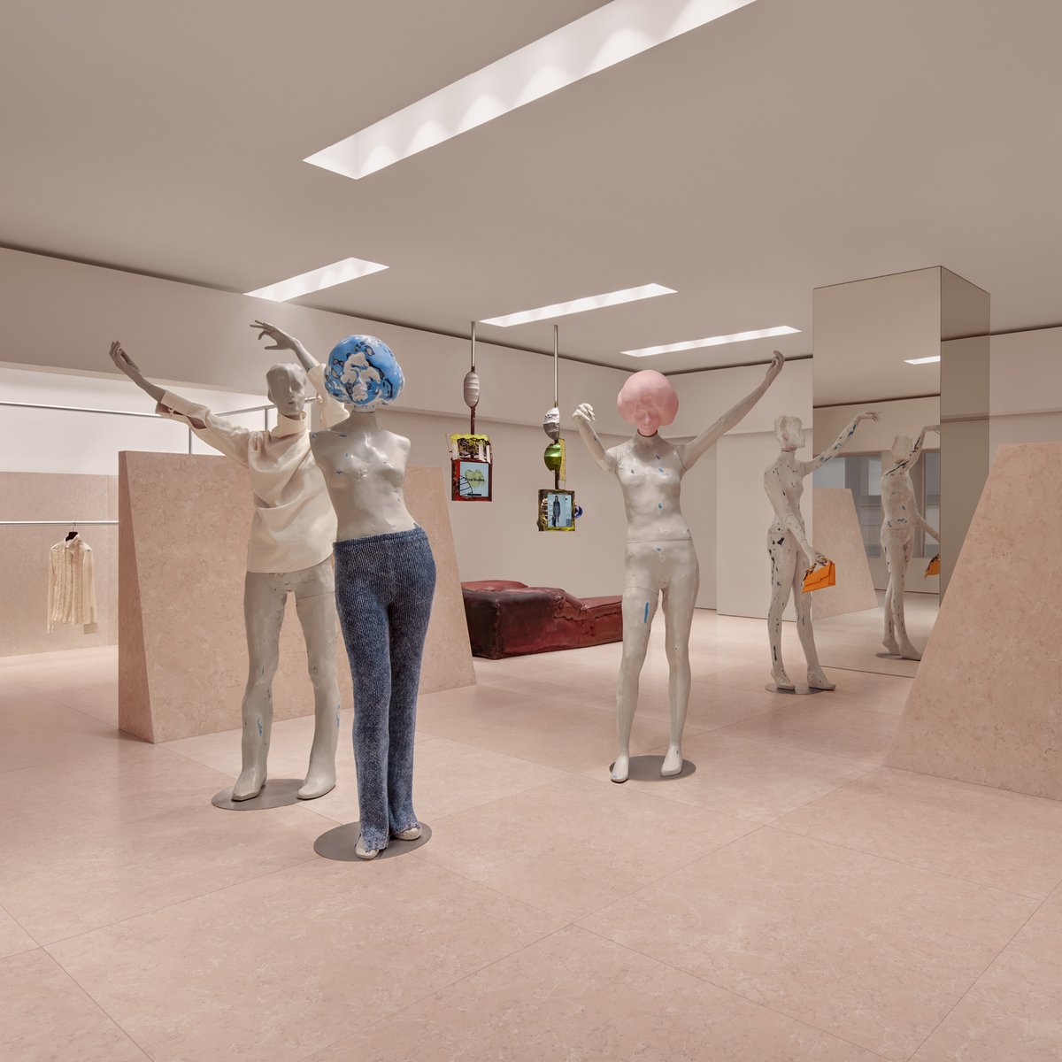 acnestudios's tweet photo. “When you walk into the store, you’ll question, ‘Are they mannequins? Are they not?’”
Inside #AcneStudios Nytorgsgatan, British artist #DanielSilver’s painted mannequins appear in perpetual movement, a counterpoint to the neutral walls and marble floor in #AcneStudios pink. https://t.co/Gns74IuPZJ