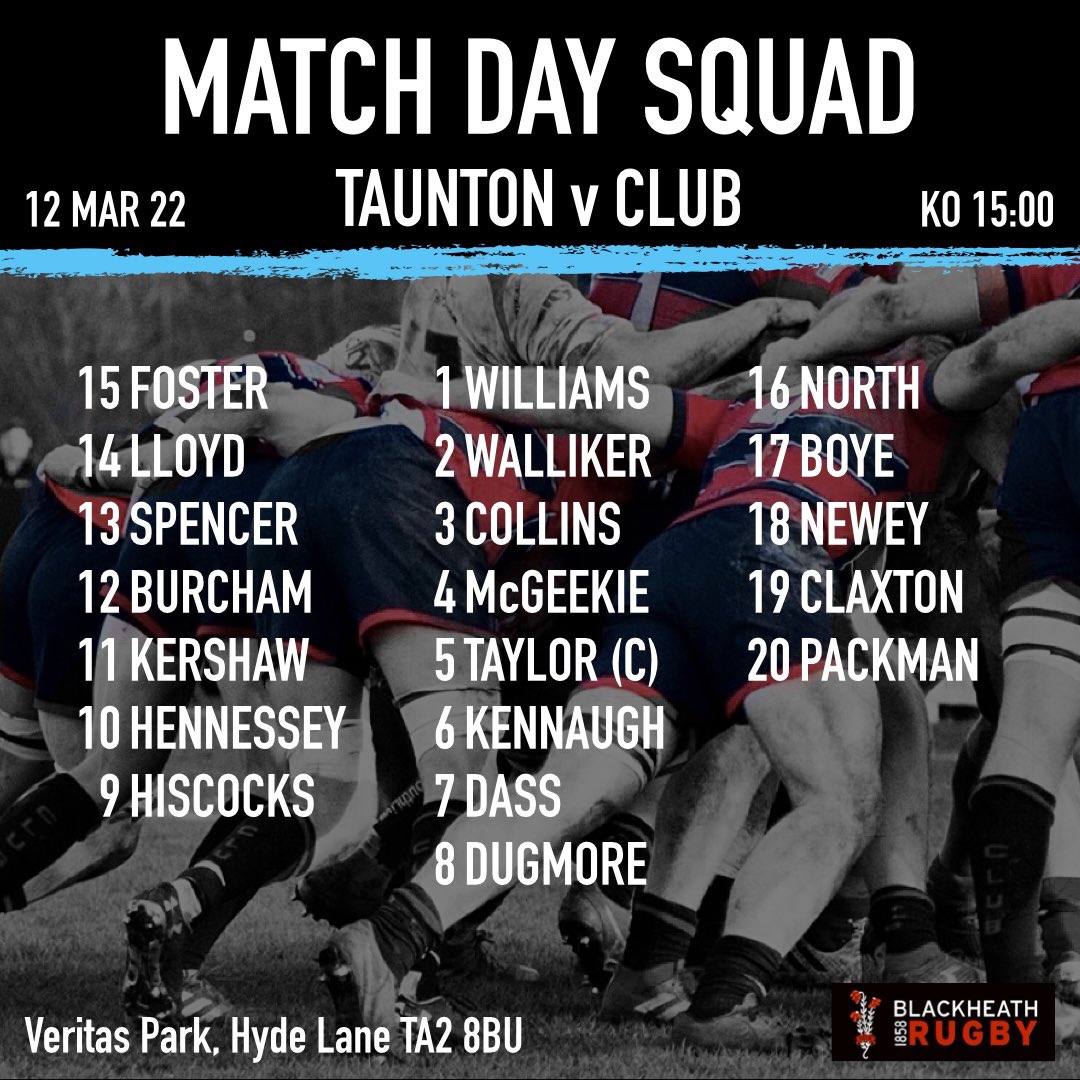 Blackheath_1858's tweet photo. We’re travelling to the West Country this weekend to play @tauntonrfc - here’s your squad list…

#blackheathruby #blackheathfc #club #returntorugby #squadlist #kentrugby #nat1 #awaygame #2022rugby #blackheath #greenwich #eltham https://t.co/qQFiqeFDde