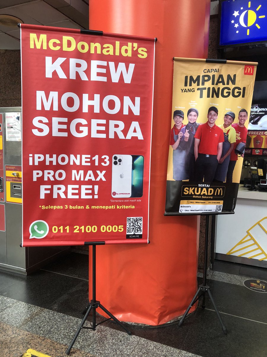 Mohdfaiz13's tweet photo. Kerja MCD KL Sentral dapat PERCUMA iPhone 13 Pro Max selepas confirm 3 bulan &amp; performance baik. https://t.co/LTj1teuAGW