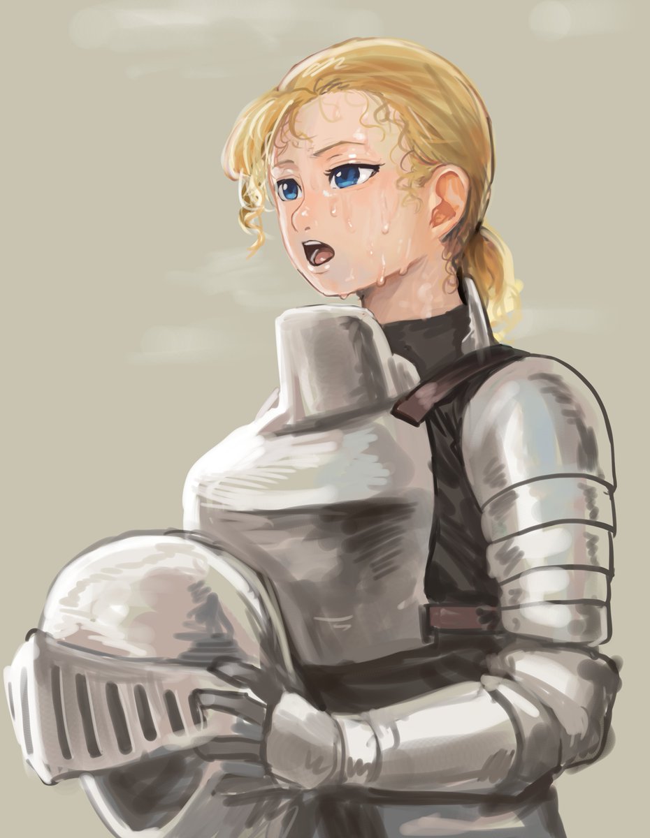 1girl helmet blonde hair solo armor blue eyes holding helmet  illustration images