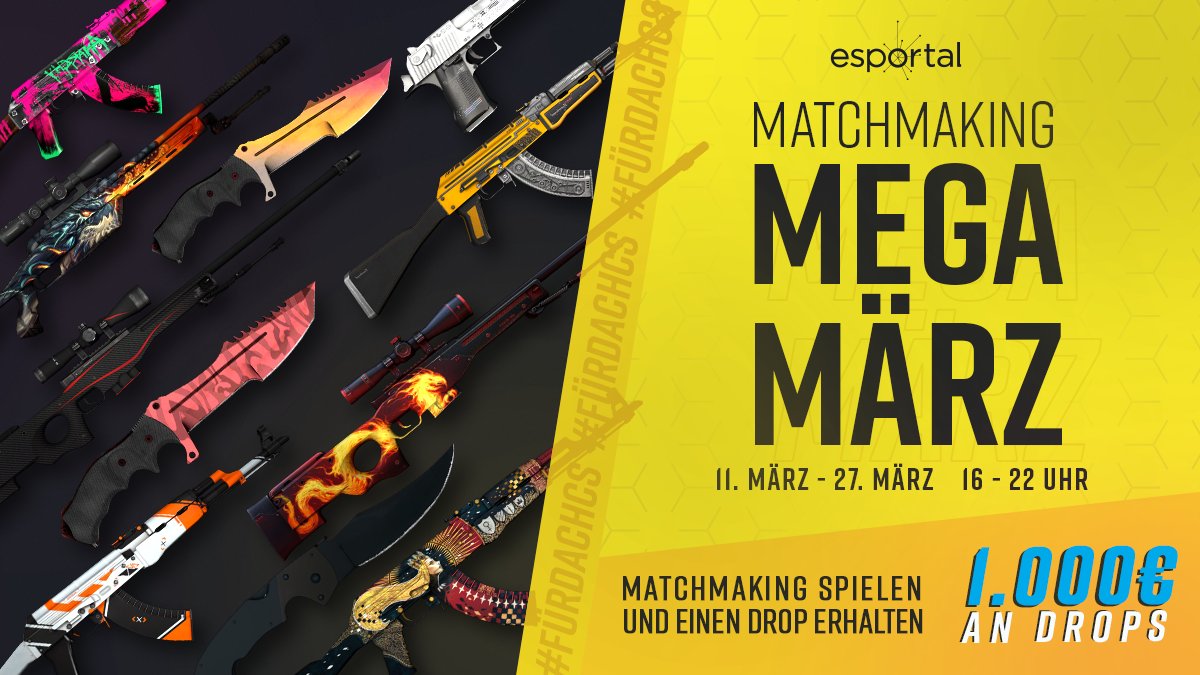 EsportalGER's tweet image. 📣MATCHMAKING MEGA MÄRZ 📣

🔸11. bis 27. März
🔸Jeden Tag von 16-22 Uhr
🔸Jeden Tag mind. 1 Super oder Rare Drop
🔸Einfach Matchmaking spielen und die Chance auf einen Drop erhalten

🃏 ★ Huntsman Knife | Fade 🃏 ★ Huntsman Knife | Slaughter 🃏 uvm.

📰esportal.com/de/news/1881/m…