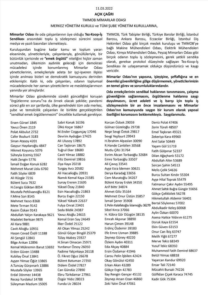 Mimarlar Odası Merkez ve Şube Yönetim Kurulları'na açık çağrı! Oda çalışanlarının sendikal hakları tanınmalıdır ! <a href="/sendikaliMO/">Mimarlar Odası Sendikali Çalışanlar/ SendikaliMO</a>