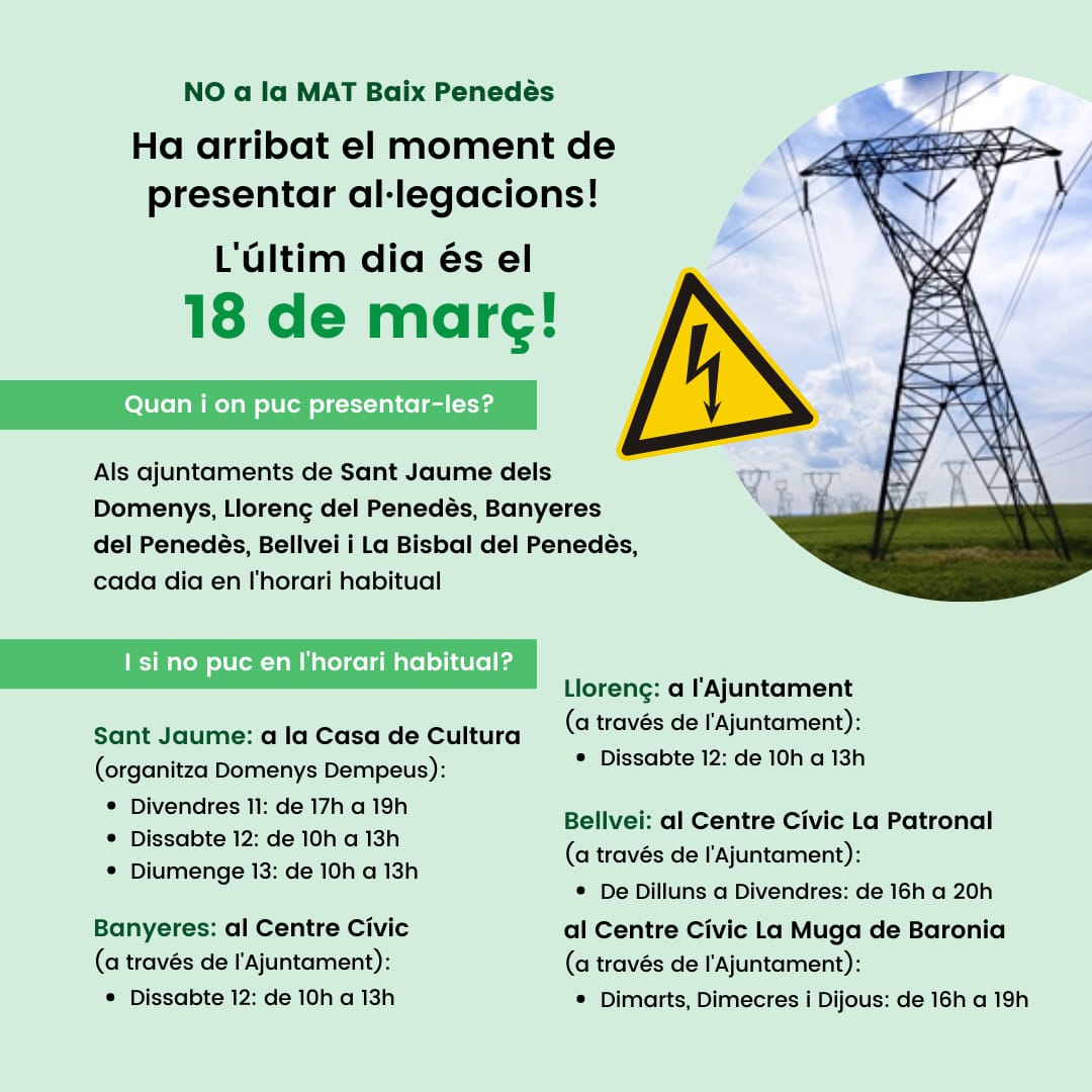 NLlorenc's tweet photo. 📅 Entrem a l'últim tram per dir NO a la MAT!
Demà hi haurà oberts punts arreu de la comarca per poder tramitar les al·legacions.
🤝Necessitem a tothom per aturar aquesta greu agressió contra les nostres vides!
🗣COMPARTIU! https://t.co/Dz3J3ntqOa