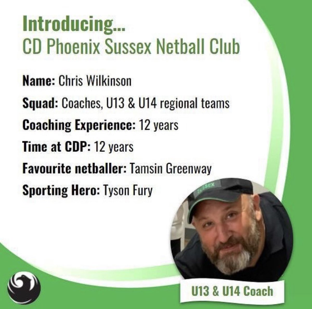 CDPhoenixSusse's tweet photo. GET TO KNOW US 💚🖤 

Introducing coach Chris Wilkinson..

Chris is our U13/14 Regional coach and has previously coached the senior squad. With the U13/14s he has taken teams all the way to nationals, an incredible achievement. Chris is also a Sussex Academy coach https://t.co/SM9Nxz63wZ