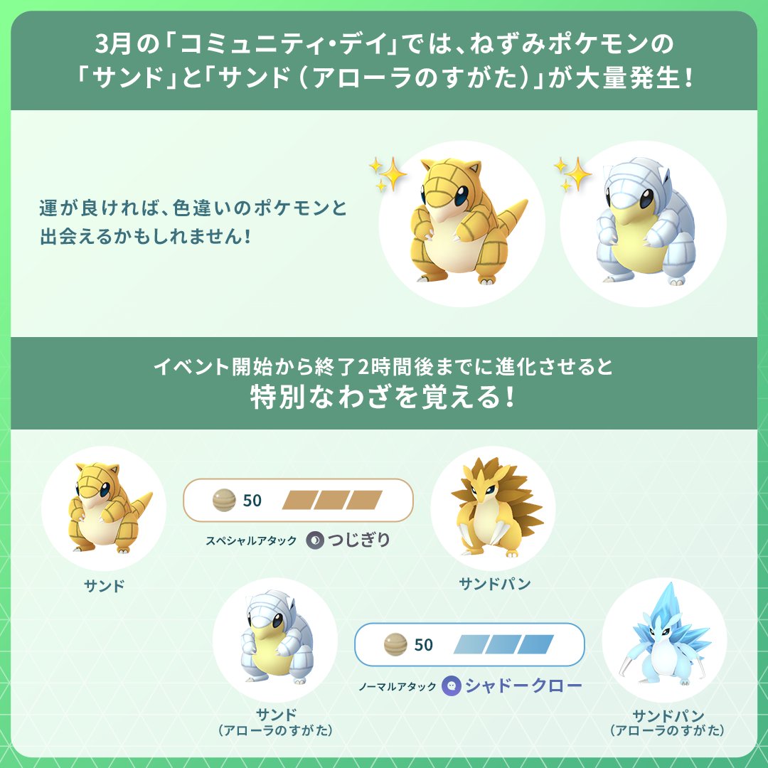 Pokemon Go Japan Twitter पर 3月13日 日 は ポケモン Go コミュニティ デイ 今回 大量発生するポケモン は サンド と サンド アローラのすがた です ポケモンgo の公式instagramアカウントでも情報を配信しています 画像4枚目のqrコード