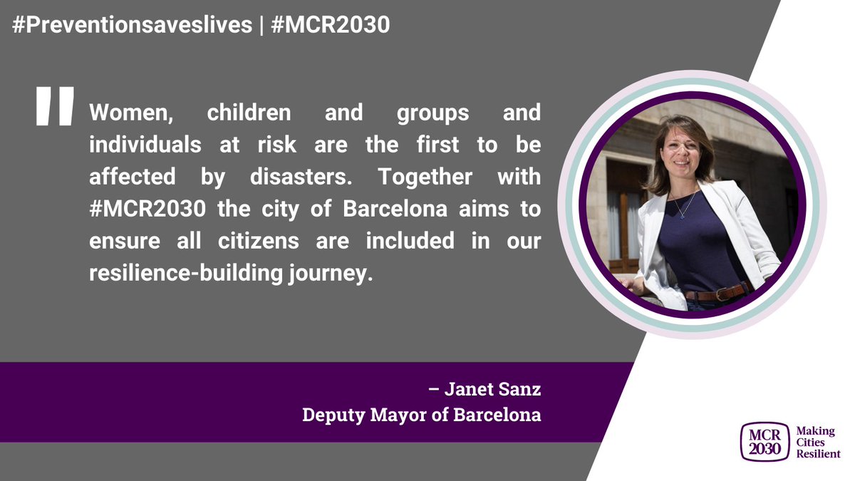 This week, we’re sharing our partners’ thoughts on #DisasterRiskResilience as part of our International Women's Day celebrations #IWD2022

Today, we are happy to share a message from @janetsanz Deputy Mayor of Barcelona @barcelona_cat 
#PreventionSavesLives https://t.co/BEB0FhBrwA