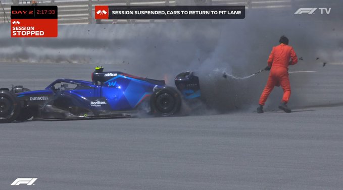 pgLaugier's tweet photo. We need to talk @fia @F1 @Ben_Sulayem @BAH_Int_Circuit how's that possible that this fire marshall has no sefaty gear?? No balaclava, no helmet, risking is own life to extinguish this fire. https://t.co/3dx9rczpoA