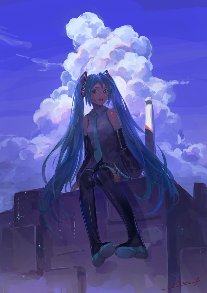 hatsune miku 1girl solo long hair twintails necktie detached sleeves sitting  illustration images