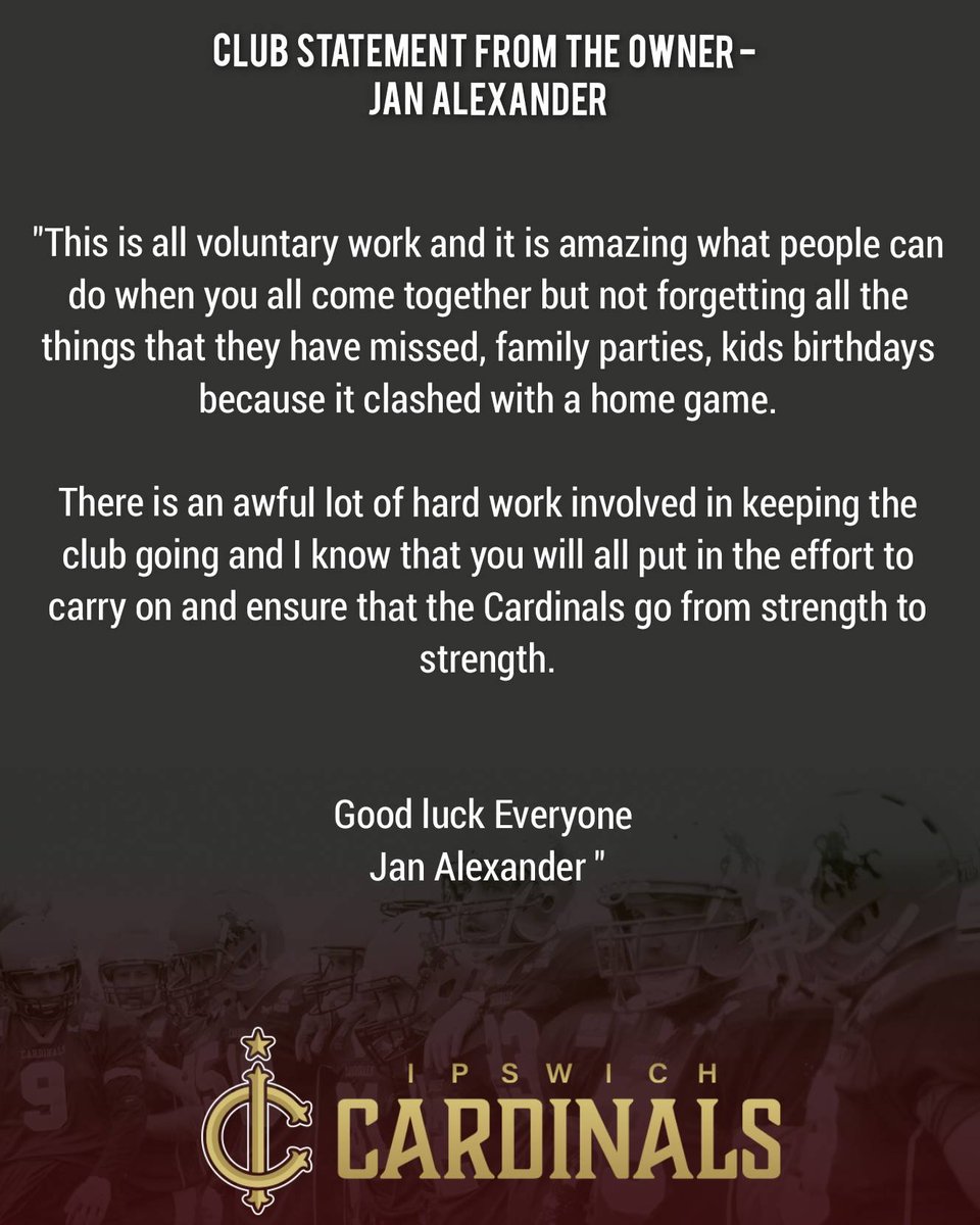 IpswichCardinal's tweet photo. Club Statement from the Owner - Jan Alexander.

#ipswichcardinals #ALLIN #2022pending #britishamericanfootball #britballers #BritballNation #sfc2east #BAFANL #BAFA https://t.co/mktMB4E099