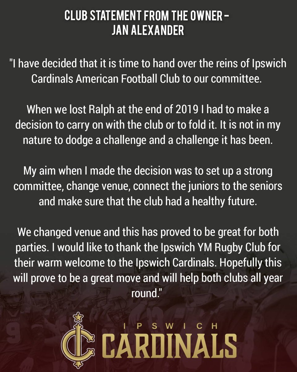 IpswichCardinal's tweet photo. Club Statement from the Owner - Jan Alexander.

#ipswichcardinals #ALLIN #2022pending #britishamericanfootball #britballers #BritballNation #sfc2east #BAFANL #BAFA https://t.co/mktMB4E099