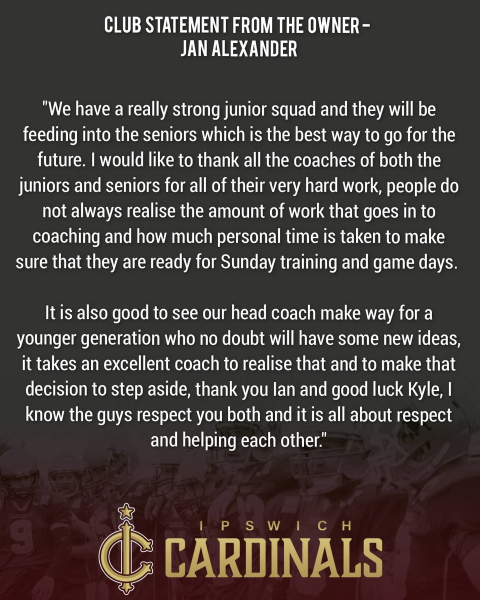 IpswichCardinal's tweet photo. Club Statement from the Owner - Jan Alexander.

#ipswichcardinals #ALLIN #2022pending #britishamericanfootball #britballers #BritballNation #sfc2east #BAFANL #BAFA https://t.co/mktMB4E099