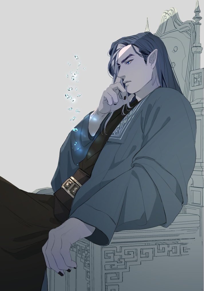 1boy pointy ears solo black nails male focus long hair robe  illustration images