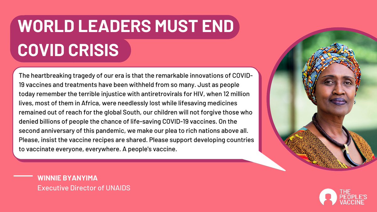 Winnie_Byanyima's tweet photo. As we pass the grim milestones of two years of the COVID pandemic and an estimated 20 million deaths, I join 130+ global voices calling on world leaders to end pharma monopolies and vaccine inequity.

#EndCOVIDmonopolies #PeoplesVaccine
👇🏾
https://t.co/QFUFx8ARgB https://t.co/jX55qyAS0o