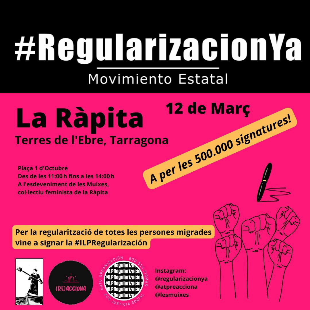RegularizacionY's tweet photo. ✳️ #EVENTO #Itinerante 
Terres de l'Ebre #Tarragona
us convoquem el pròxim dissabte:

🗓️ 12 de Març
📍 La RÀPITA
⏰11:00 a 14:00h.
👉🏾Plaça 1 d'Octubre
 
Les Muixes, estarem recollint signatures per a la proposició de llei ##ILPRegularizacion https://t.co/9wAGYYTy3H