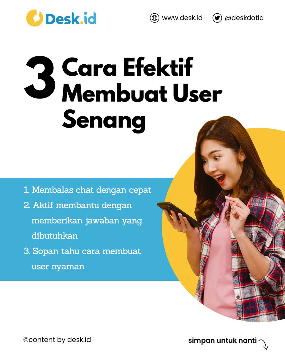 deskdotid's tweet photo. Cara bikin user senang gimana sih? 

Coba intip ini, beberapa trik yang bisa kamu pakai buat user biar senang. 

#SimpleOnlineSupport #Customer #CustomerExperience #DetailChat #TipsBisnis #DeskID #LiveChat #Whatsapp #Chat #Customerservice #Callcenter https://t.co/06PEakNV3Q