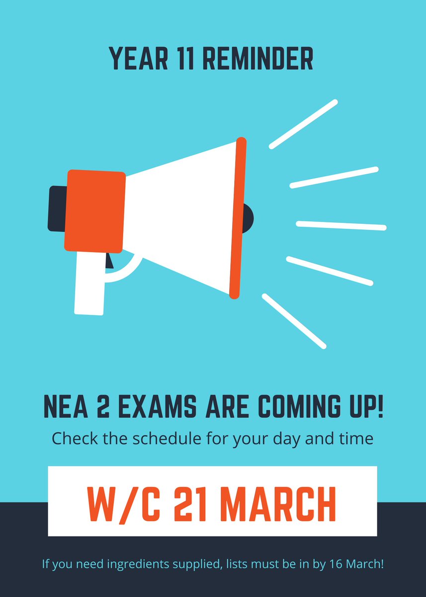 The time is near! Year 11 FN NEA 2 exams take place W/C 21 March - check the schedule for your day and time and be sure you arrive promptly and prepared! <a href="/AlderwoodSchool/">Alderwood School</a> #gcsefoodprep #exams #beprepared