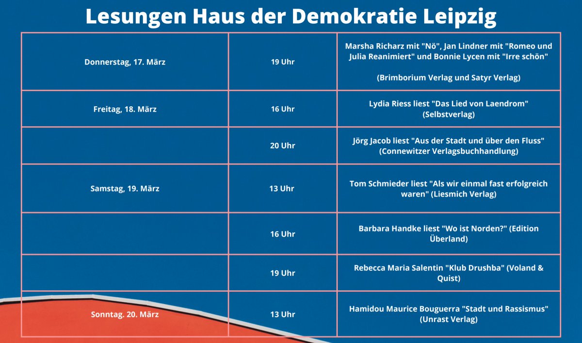 HdDemokratie's tweet photo. Das Programm für unsere Lesungen kommende Woche steht. Insgesamt werden neun Autoren im Haus der Demokratie lesen. Wer kommt alles vorbei? //@briboverlag @UnrastV @EUeberland @volandquist https://t.co/85Yboi8fQA