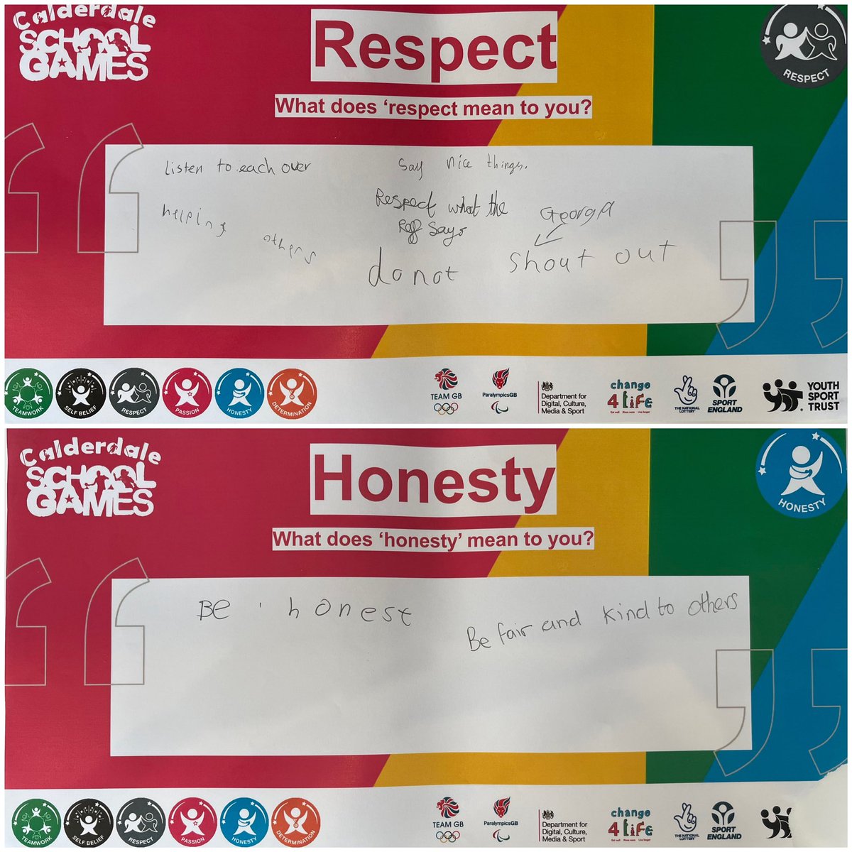 CalderdaleSGO's tweet photo. Look at the fantastic answers the students gave us from our @Pokemon Futsal Festival yesterday. Do the values mean something different to you? @BrooksbankSGO @CalderdaleSN @YourSchoolGames @EnglandFootball #SGValues https://t.co/PiIknygn2u