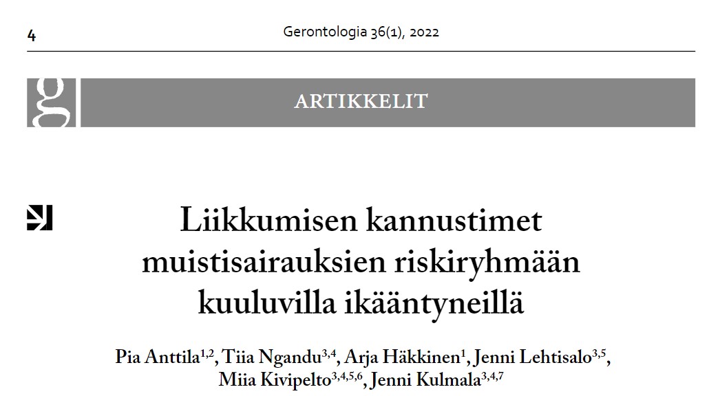 Ikääntyneitä kannustaa liikkumaan mm. liikunnan hauskuus, vaikutukset terveyteen ja mahdollisuus sosiaaliseen aktiivisuuteen. Lue lisää liikunnan motivaattoreista ⬇️
journal.fi/gerontologia/a… 
<a href="/gerec_fi/">GEREC</a> <a href="/CoE_AgeCare/">CoE AgeCare</a> <a href="/Piaanttila2/">Pia anttila</a> #fingertutkimus <a href="/TiiaNgandu/">Tiia Ngandu</a> <a href="/MiiaKivipelto/">Miia Kivipelto</a> <a href="/GLehti/">Gerontologia-lehti</a>